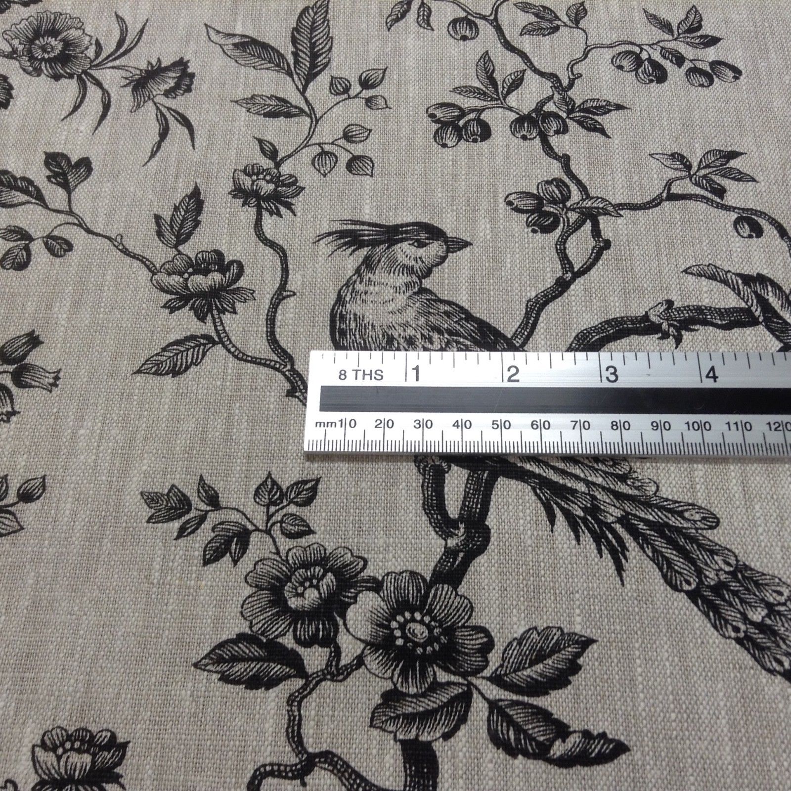 French 100% Linen Bird  Garden Stripe Curtain/Craft /Upholsterty Fabric Blue