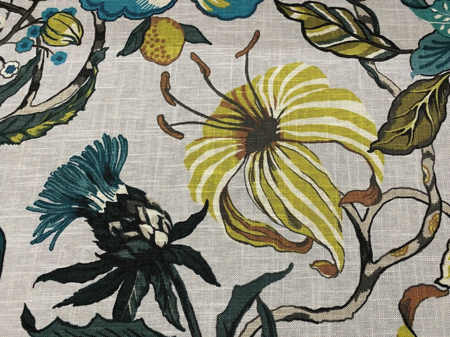 Jessica Floral Linen GREY OCHRE TEAL - Frank Thomas Interiors
