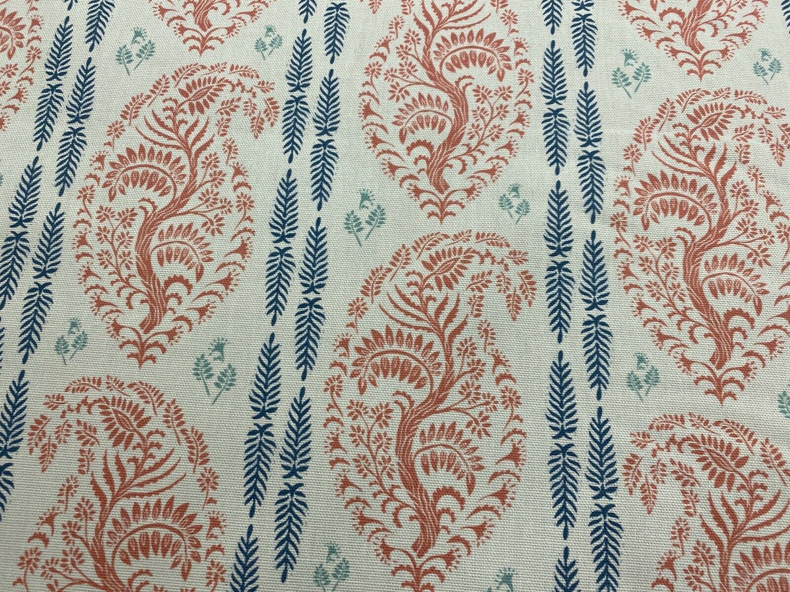 Perceval Paisley Regency Stripe Coral/Indigo/Ivory Cotton Curtain/Craft Fabric 