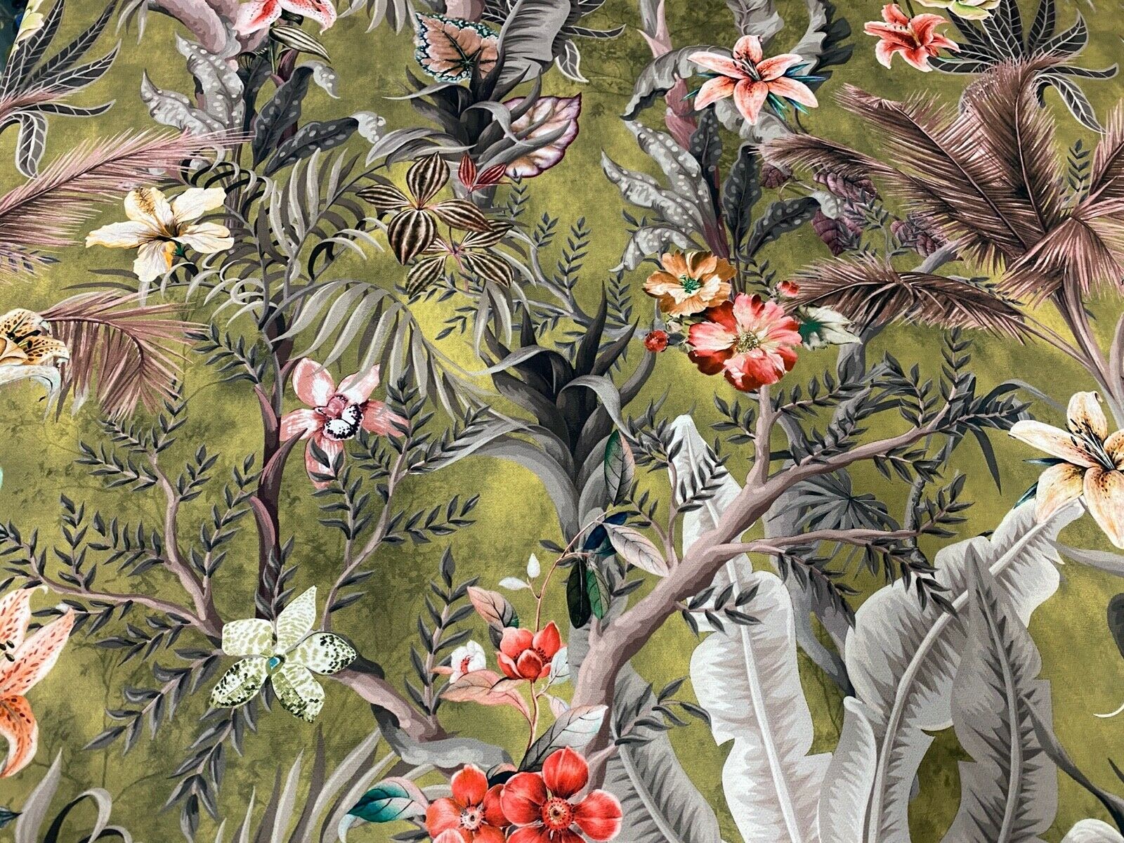 Fiji Tropical Floral Leaves OCHRE Soft Velvet  Curtain/Upholstery Fabric 